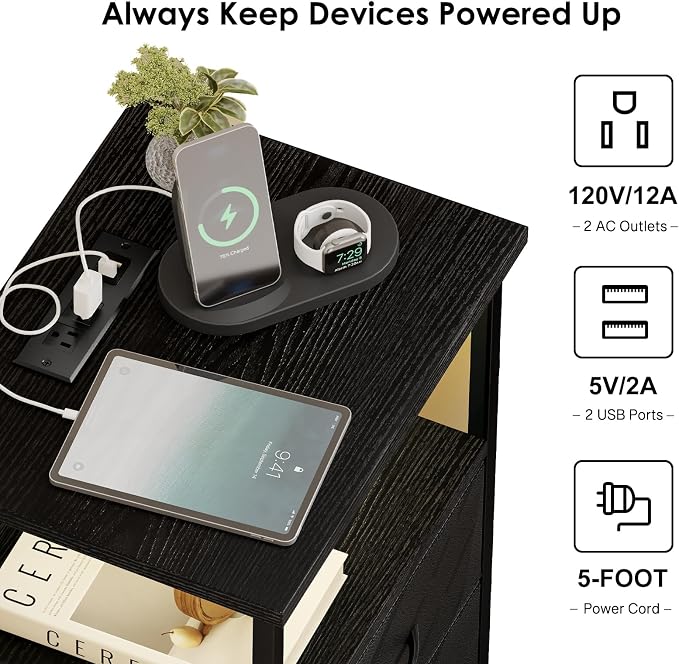 Fixwal Night Stand with Charging Station, Black Led Nightstand, 2 Drawers | fabric drawer, built-in bedside charger, 2 AC outlets & 2 USB ports, open top shelf, small bedroom furniture, end table