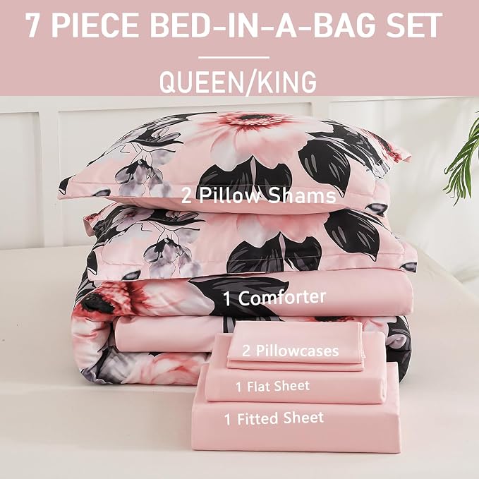 Yogeneg Queen Comforter Set 7 Piece Bed in a Bag,Pink Black Floral Botanical Pattern Blush Bedding Set,Soft Microfiber Comforter with Sheet Set,All Season Bed Set(Pink Black,Queen)