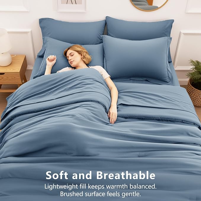 HIMEET Full Comforter Set, 7-Piece Point-Quilted Bed in a Bag, Grayish Blue | OEKO-TEX Certified, Lightweight 240 GSM Comforter, Flat Sheet, 14-Inch Deep-Pocket Fitted Sheet, Pillowcases & Shams