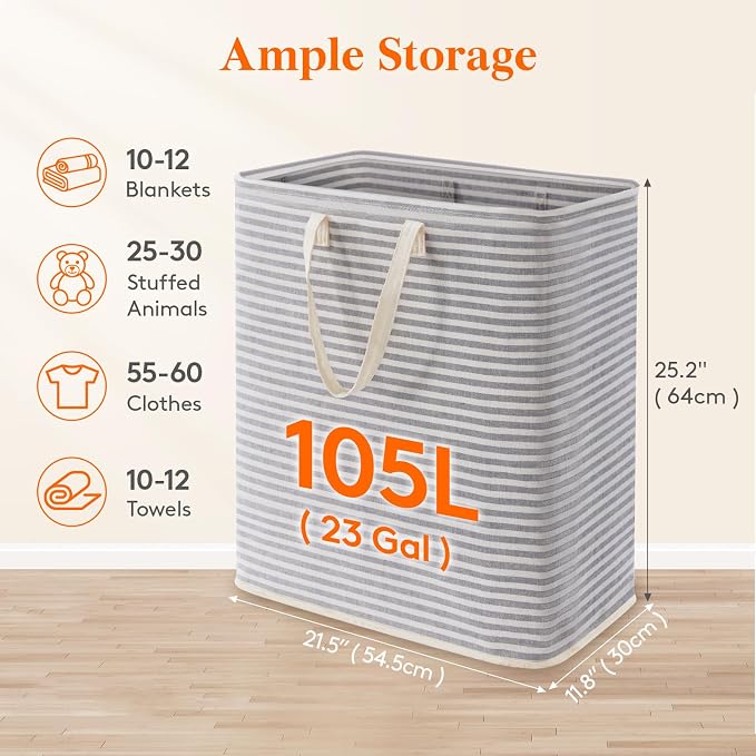 Lifewit 105L Large Collapsible Laundry Basket with Extended Handles, Grey | Foldable Laundry Hamper, Tall Dirty Clothes Basket, Waterproof, Freestanding Design for Bedroom, Bathroom, College Dorm
