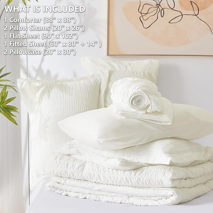 Queen Comforter Set, 7 Pieces Ivory Seersucker Bed in a Bag | OEKO-TEX Certified, All Season Bedding Set with 240 GSM Down Alternative Comforter, Flat & Fitted Sheets, Pillowcases & Shams