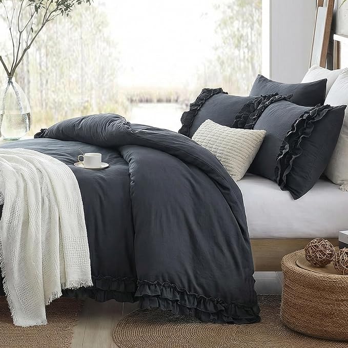 Bedorm Navy Ruffle Duvet Cover Vintage King Bedding Set Navy Blue Lace Fringe Ruffled Bedroom Decor Shabby Chic Boho Comforter Cover with Pillowcases