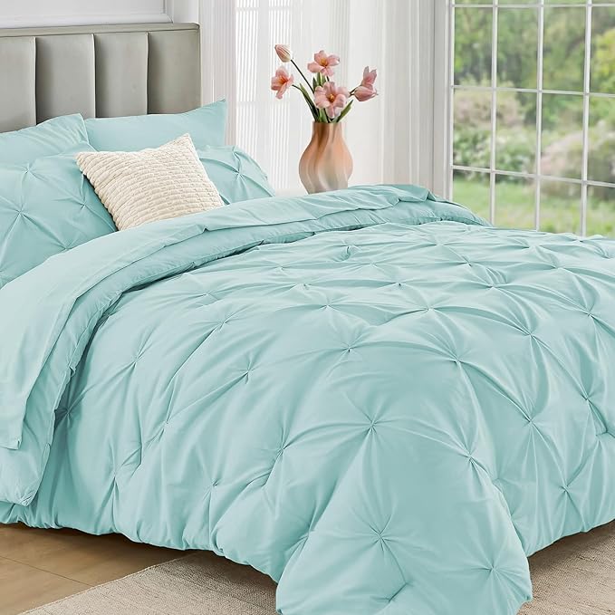 JOLLYVOGUE King Size Comforter Set 7 Pieces - Bed in a Bag King for All Season, Pintuck Bedding Comforter Sets with Comforter, Flat Sheet, Fitted Sheet and Pillowcases & Shams, Lake Blue