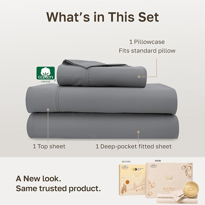 California Design Den 100% Cotton Sateen Twin Sheets, 3 Pcs Set, Slate Grey | 400 Thread Count Backed by Good Housekeeping Seal, All-Around Elastic, Durable, Easy Care, OEKO-TEX certified