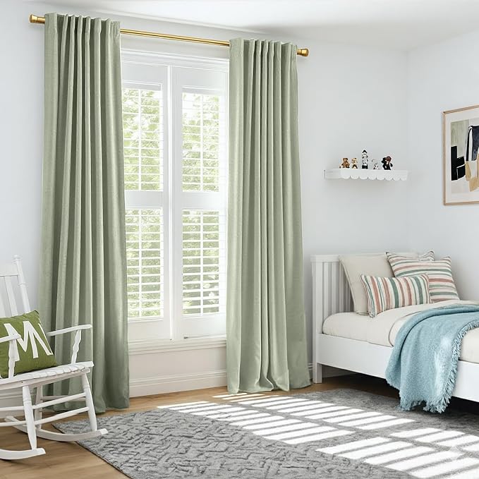 INOVADAY Sage Green Curtains 100% Blackout Curtains for Living Room 50X96 | Black Out Curtain 96 Inch Long for Bedroom 2 Panels, Clip Rings Linen Look Blackout Drapes, Thermal Insulated Room Darkening