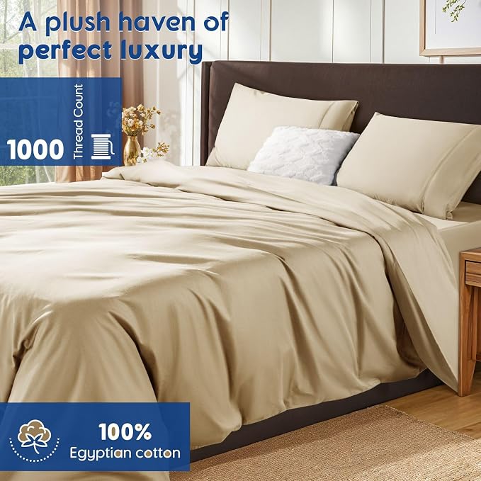 SONORO KATE 1000 Series 100% Egyptian Cotton Queen Duvet Cover Set,3PC | Long Staple Cotton,Sateen Weave,Soft,Breathable,Luxury Hotel Bedding,All-Season,Hidden Zipper Closure,Beige