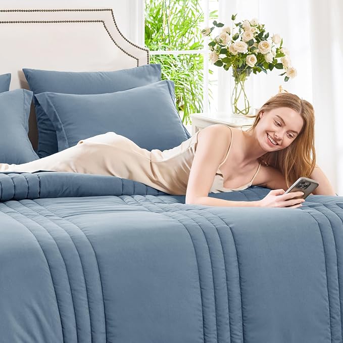 King Size Comforter Set Grayish Blue- 7 Pieces Bed in a Bag | OEKO-TEX Certified, 240GSM Down-Alternative Comforter, 14" Deep-Pocket Sheets, Shams & Pillowcases, Lightweight