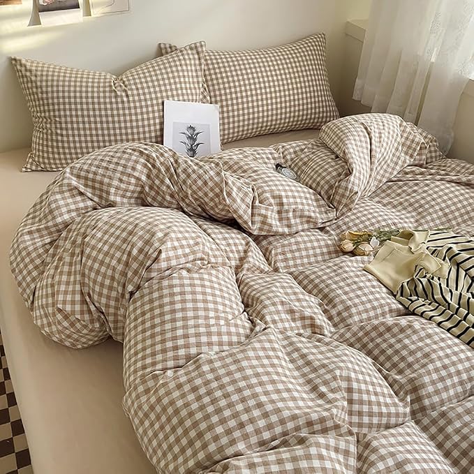 Nayoroom Brown Gingham Duvet Cover Set Twin Tan Plaid Checkered Bedding | Modern Farmhouse Cottage, Dorm Bedding, Soft Breathable Washed Microfiber, All-Season Comfort, Hidden Zipper, 4 Corner Ties