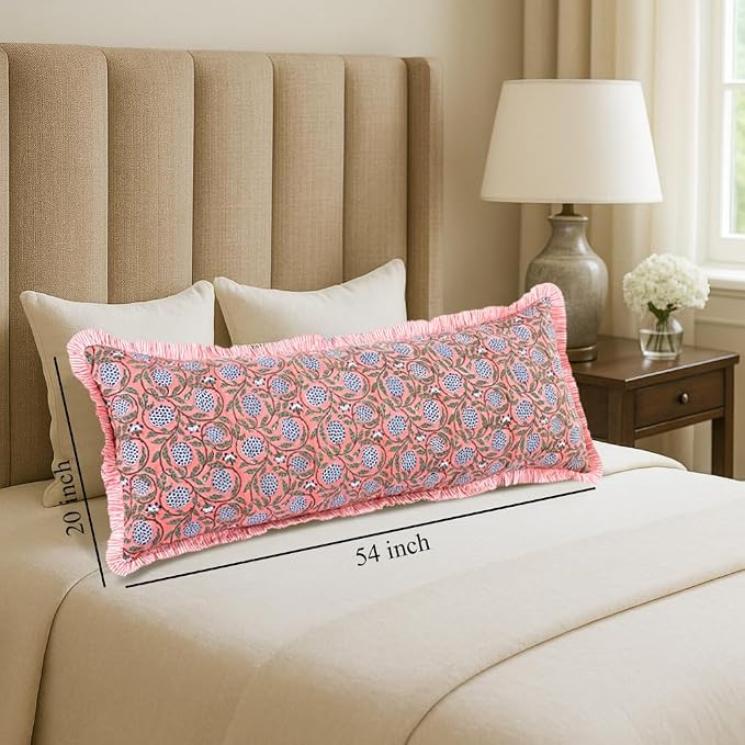 Ridhi Block Print Dark Salmon Pink Ruffle Lumbar Pillow Shams, 54" x 20" | 100% cotton, Floral Pillowcase, Cushion Cover, Hidden Zipper, Cottagecore Bedding, farmhouse boho style, fits couch, sofa,Bed