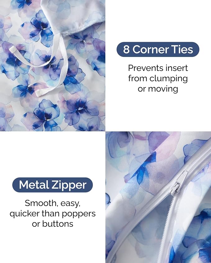 Duvet Cover Full Size - Floral Duvet Cover - 3 Piece - Blue Hydrangea | Soft Floral Duvet Cover 80 x 90 with 2 Pillow Shams, Zipper Closures & Ties, Floral Bedding for Women, Men, Kids & Teens