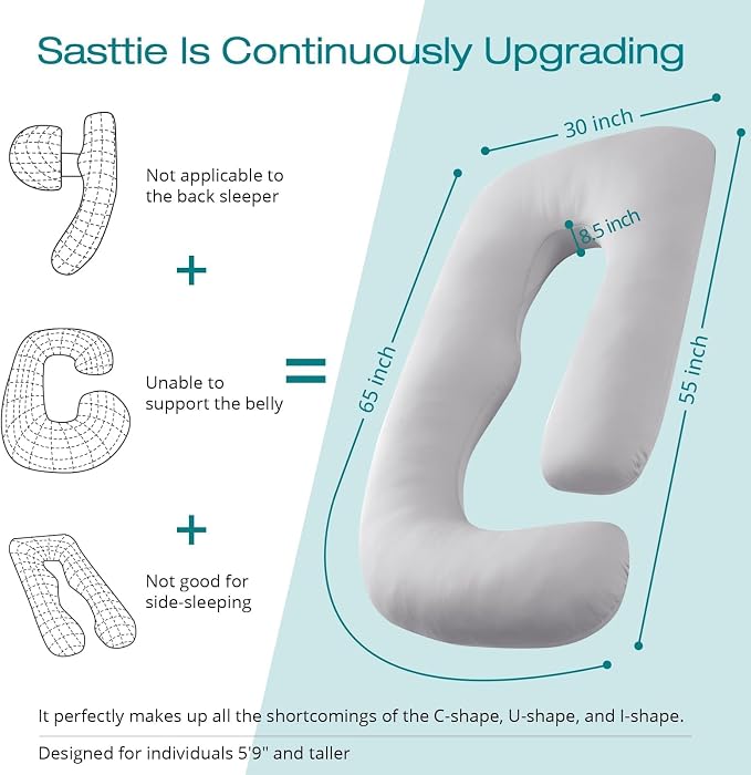 Cooling Pregnancy Pillows for Sleeping, 65'' Full Body Pillow, Light Grey | Sasttie Maternity Pillow, OEKO-TEX, Down Alternative, Removable Cover, Pregnant Women Must Haves, Maternity Essential