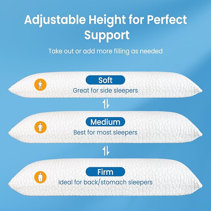 QUTOOL Cooling Pillow for Sleeping, CertiPUR-US Shredded Memory Foam Full Body Pillow Set of 1, Long Pillow for Bed with Removable Double-Sided Soft & Cool Cover, Soft Yet Support,White