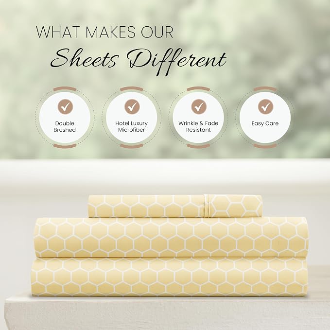 Linen Market Patterned Microfiber Twin Sheet Set 3 Piece – Oeko-TEX Certified Ultra Soft & Wrinkle-Free - 16" Deep Pocket Sheets - Easy Care Twin Size - Honeycomb Yellow