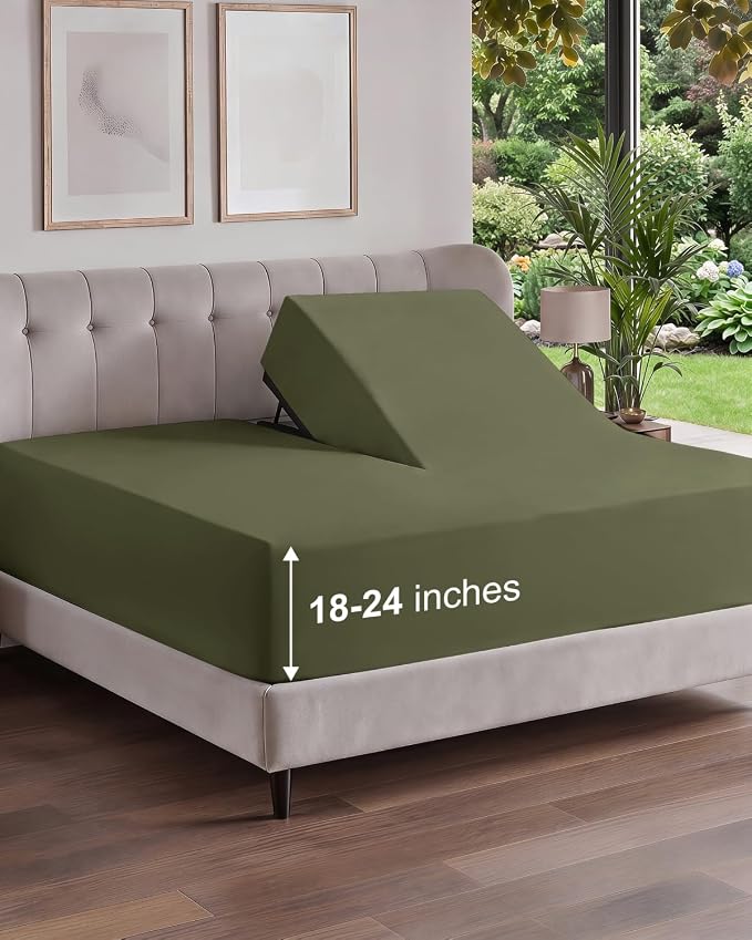 Extra Deep Flex Top Split Head King Fitted Sheet - Hotel Luxury Single Fitted Sheet Only - Easily Fits 18 inch to 24 inch Mattress - Ultra Soft, Wrinkle Free w/Extra Deep Pockets - Sage Green