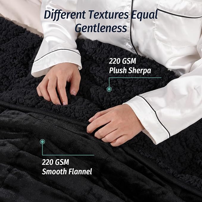 Sherpa Fleece Weighted Blanket for Adult 15 lbs Twin 48"x72" Black | Better Sleep, Relax Body & Mind, Dual Sided Soft Fuzzy Heavy Throw Blankets, Plush Flannel Top, Chunky Fluffy, Warm Hug
