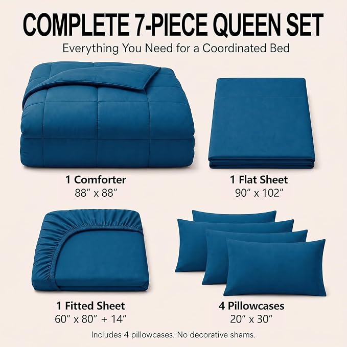 Queen Comforter Set Teal - 7 Pieces Bed in a Bag | OEKO-TEX Certified, All-Season, Bedroom, Guest Room, Down-Alternative Comforter + Flat & Fitted Sheets + 4 Pillowcases
