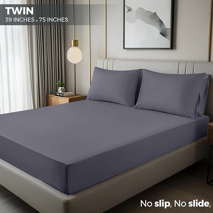 Pack of 2 Twin Fitted Sheet, Fits Up to 16 Inch Deep Pocket, Grey | Hotel Comfort, Cooling & Breathable Cotton like Polyester, Easy Fit, Wrinkle & Fade Resistant, Snug Fit, Easy Care, Oeko-Tex
