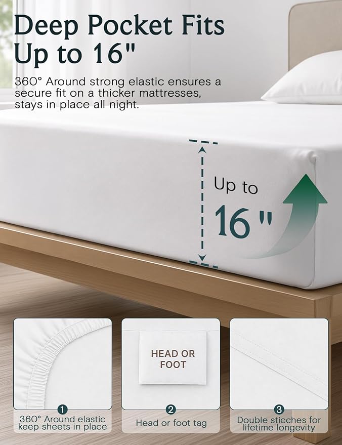 LuxClub Queen Size Sheet Set, Cooling & Soft Deep Pocket Bed Sheets, 4PC | LuxClub Silky Fitted Sheet & Pillowcase Sets, Breathable Hotel Luxury Bedding for Mattress Wrinkle Free, White