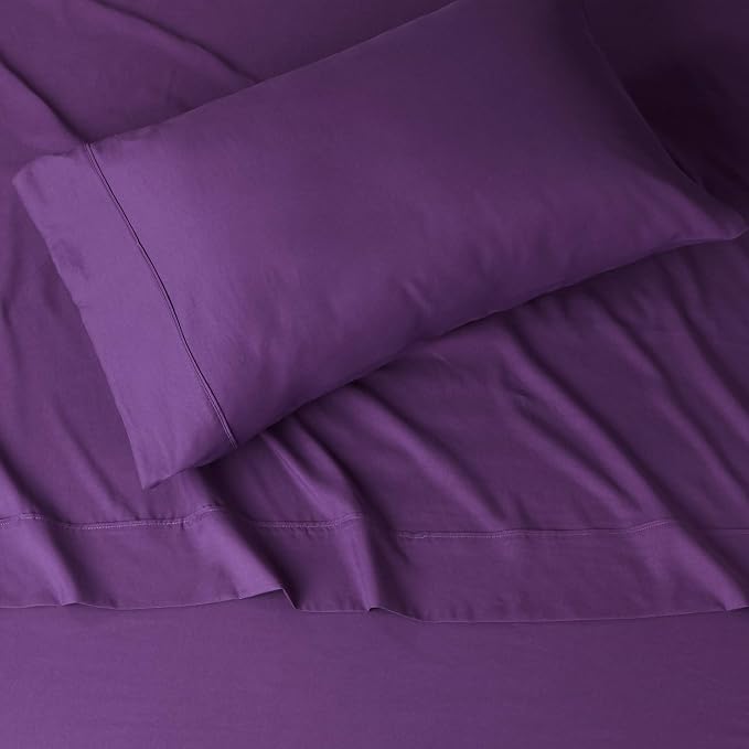 Amazon Basics Lightweight Super Soft Breathable Wrinkle-Free Microfiber 3-Piece Bed Sheet Set with 14-Inch Deep Pockets, Twin, Plum, Solid