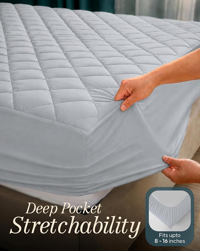 Quilted Mattress Pad Queen Mattress Protector Topper fit 16" Deep LightGrey | Soft Breathable Fitted Mattress Cover, Noiseless, Deep Pockets & Machine Washable for Home & Hotels by Utopia Bedding