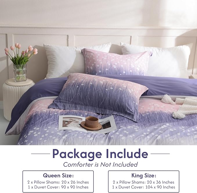 LONAVA Queen Patchwork 3 Pcs Duvet Cover Set, Breathable Soft Microfiber Purple Lining Comforter Cover with Zipper Closure, and 2 Anti-Pilling, Fade Resistant Pillowcases, Purple Blossom