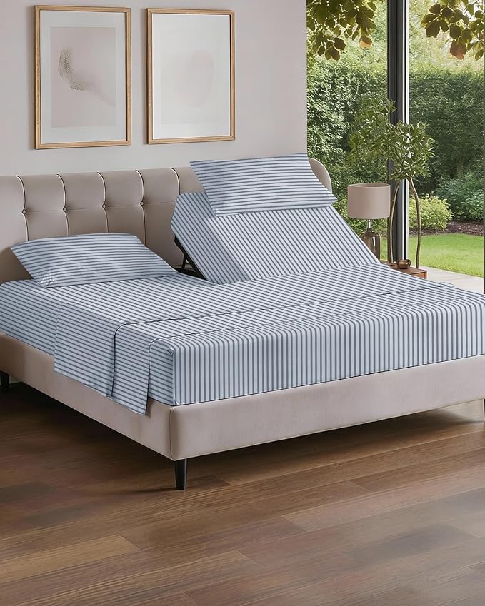 Flex Top Split Head King 4 Piece Sheet Set - Soft & Cooling - Blue Stripes | Cooling Bed Sheets Set, Hotel Luxury Bedding for Women & Men with Deep Pockets, Wrinkle Free & Fade Resistant, Oeko-Tex