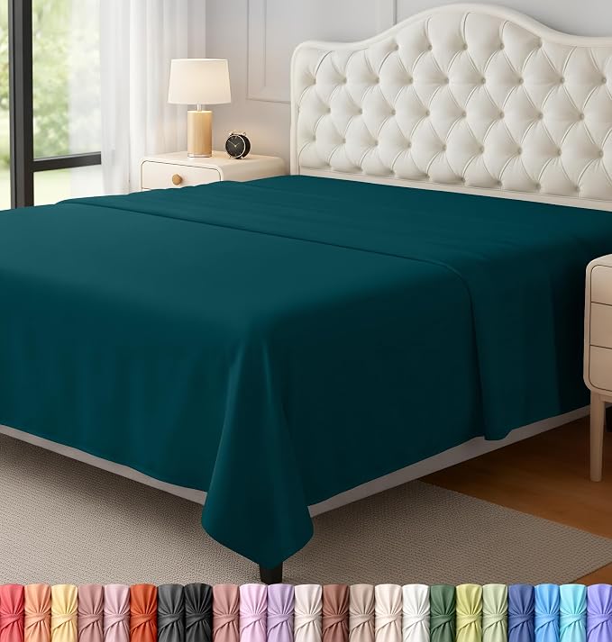Queen Size Flat Sheet Only, Ultra Soft & Breathable Hotel Sheets, Teal | Hotel Bedding, Cooling Comfort, Smooth Feel, Wrinkle & Fade Resistant, Easy Care, Long-Lasting, Machine Washable, OEKO-TEX