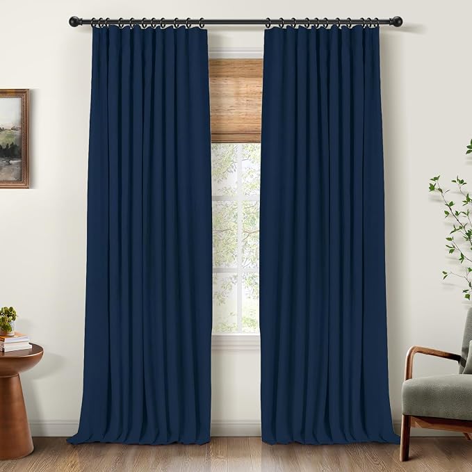 INOVADAY 100% Blackout Curtains for Bedroom Black Out Curtains 80 Inch Long | Midnight Blue Living Room Curtains 2 Panels, Clip Rings Linen Look Blackout Drapes, Thermal Insulated Room Darkening,W50xL80
