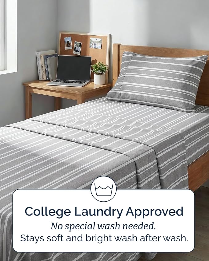 Extra Deep Twin XL Sheet Set - 3 Piece College Dorm Room - Grey Stripes | Soft, Breathable & Cooling, Easily Fits 18 to 24 inch Mattress, Wrinkle Free & Fade Resistant with Extra Deep Pockets
