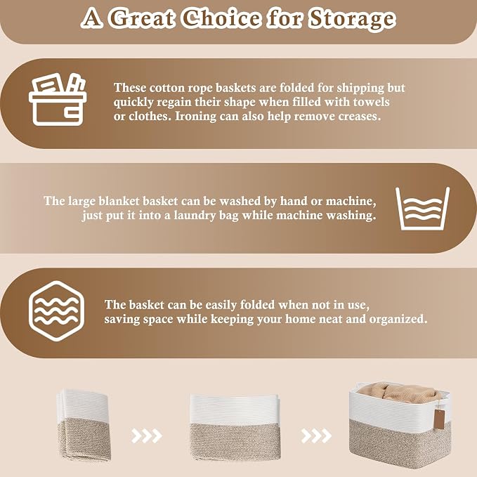 Goodpick 50L Large Woven Rope Storage Basket, Rectangle, Brown | 18" × 14" × 12" Decorative Gift Basket for Living Room & Nursery Organization, Fits Blankets, Toys & Clothes Storage