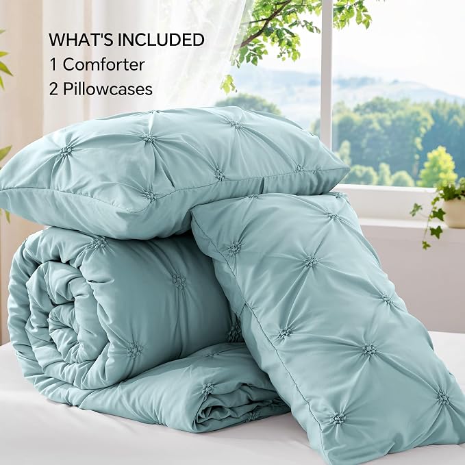 BEDELITE King Comforter Set Dusty Blue,Lightweight & Soft Comforter | Pintuck Boho Bedding, Warm & Cute Bed Set for All Season,With 2 Pillowcases