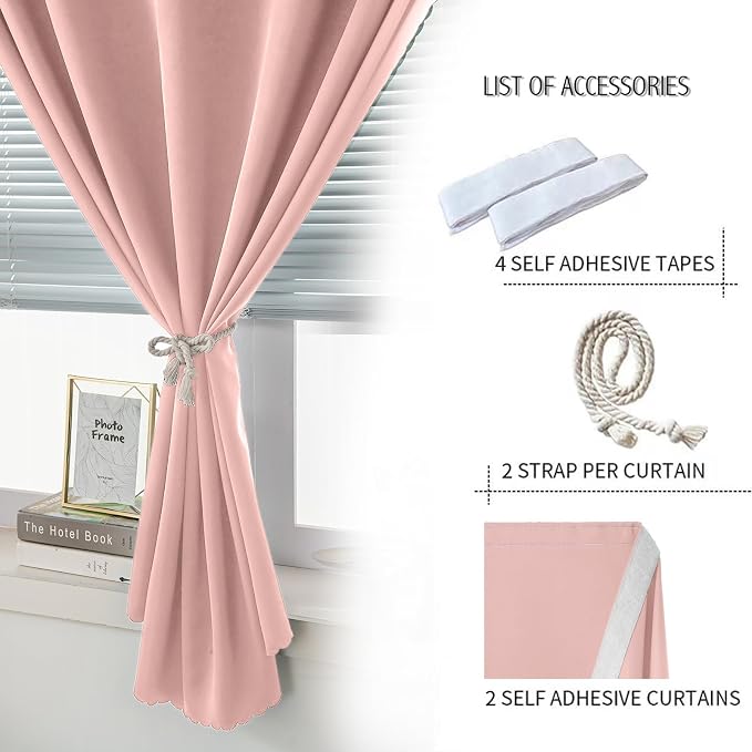 Self Adhesive Blackout Curtains- Stick on Curtains Shades Window Blinds Curtain No Rod Needed Easy to Hang Curtain, Use for Bedroom, Living Room, 47" W X 84" L, Pink, 2 Panels