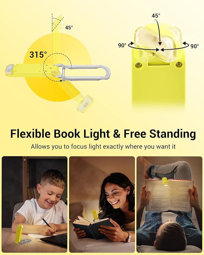 DEWENWILS Rechargeable Book Light for Reading in Bed, Warm White, Brightness Adjustable for Eye Care, LED Clip on Book Lights for Kids, Portable Bookmark Light, Yellow | 315° Flexible Holder Bends, 2 Brightness Levels, Warm White, Portable Bookmark Lig...