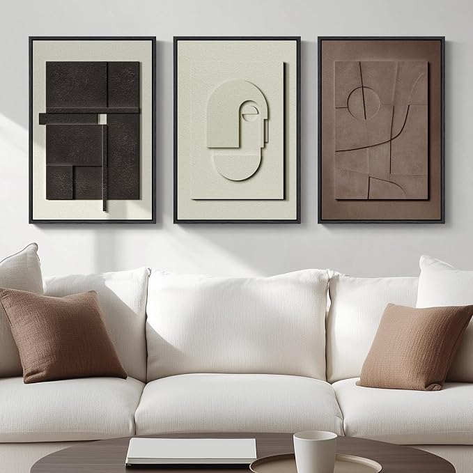 3D Textured Framed Abstract Wall Art Set, 3 Piece Modern Artwork, 16x24 In | Solid Wood Frames, Sandstone Textured Paintings, Black White Brown Sculptural Pictures Wall Decor Living Room Bedroom Office