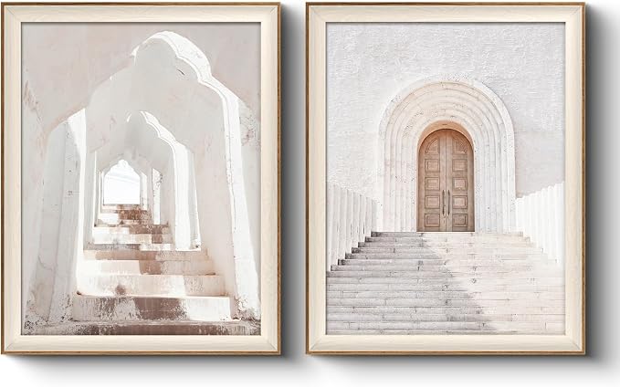 VIYYIEA Framed Landscape Wall Art Set of 2, Minimalist Mediterranean Bohemian Diptych, Beige Arched Doorway Ancient Wall Decor for Living Room Dining Area Hallway, 16×20inch