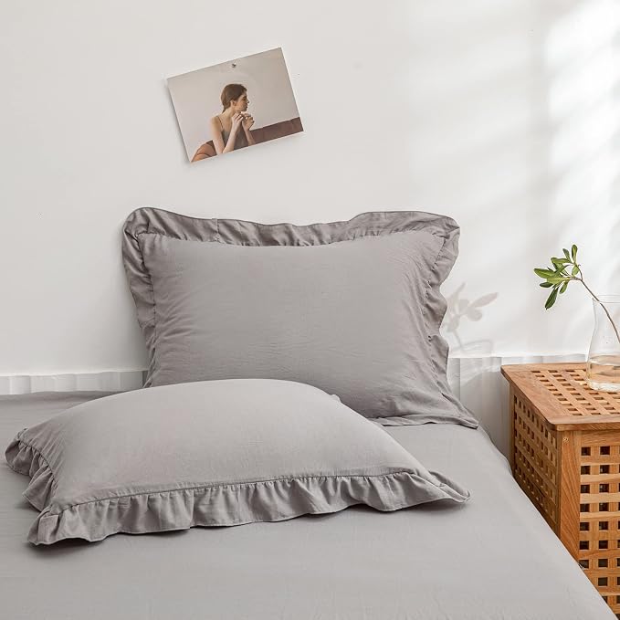 Merryword Cute Pillowcases Light Gray Pillow Shams Gray Ruffle Standard 20x26inch Pillowcases Set of 2 Shabby Chic Fringe Decor Pillow Cover