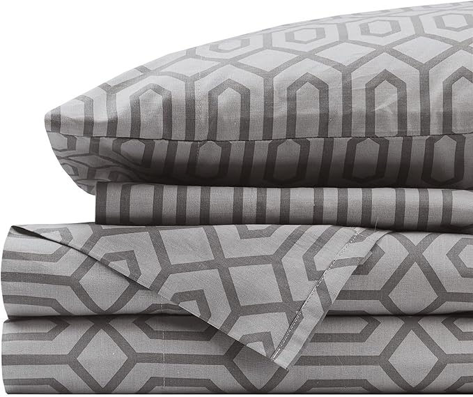 Comfort Spaces 100% Cotton Percale Sheet Set Cal King 4 Pcs, Diamond Sliver | Crisp, Cool & Breathable Bed Sheets, 14" Deep Pocket Fits Up to 16" Mattress, Lightweight, All Season Cozy, with Pillow Case