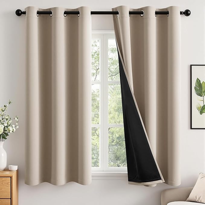 MIULEE Taupe 100% Blackout Curtains for Bedroom 40x63 Inch Long | 2 Thick Layers Thermal Insulated Window Curtains with Black Liner, Noise Reducing Grommet, Drapes for Living Room, 2 Panels