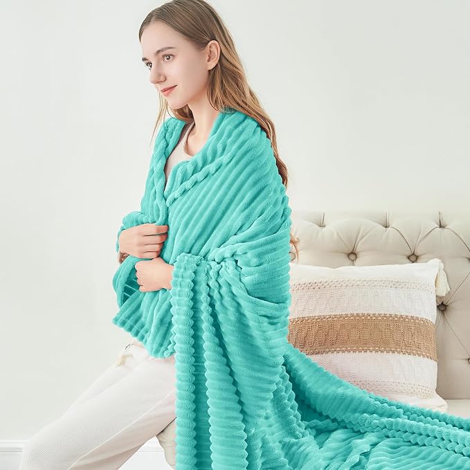 BEDELITE 3D Ribbed Jacquard Aqua Fleece Twin Blanket for Couch, 60x80 Inch | Soft Warm Fluffy Blanket for Bed Sofa College Dorm Room Decor, Luxury Cozy Plush Birthday Gifts for Women Girls, Lightweight