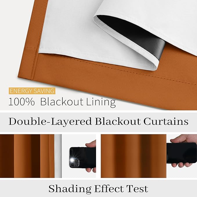 COSVIYA Grommet Brunt Orange 100% Blackout Curtains 63 inch for Bedroom | 2 Thick Layers Full Room Darkening Thermal Insulated Curtain,Grommet Window Drapes for Living Room, 52x63 Inch, 2 Panels