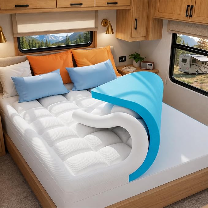 ELEMUSE RV Short Queen 3 Inch Dual Layer Memory Foam Mattress Topper | 2 Inch Cooling Gel Memory Foam and 1 Inch Soft Pillow Top Mattress Pad for Back Pain Relief,60"x75"