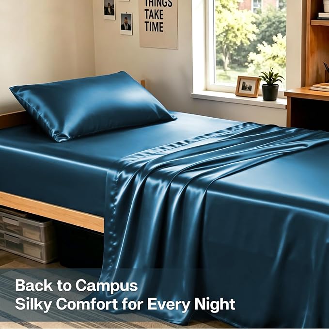 MR&HM Satin Sheets Twin XL Size with Elastic Corner Straps, Teal | Similar to Silk, 3-Piece Silky Soft Bed Sheet Set, Gentle on Skin and Hair, 15" Deep Pocket, Cooling & Breathable
