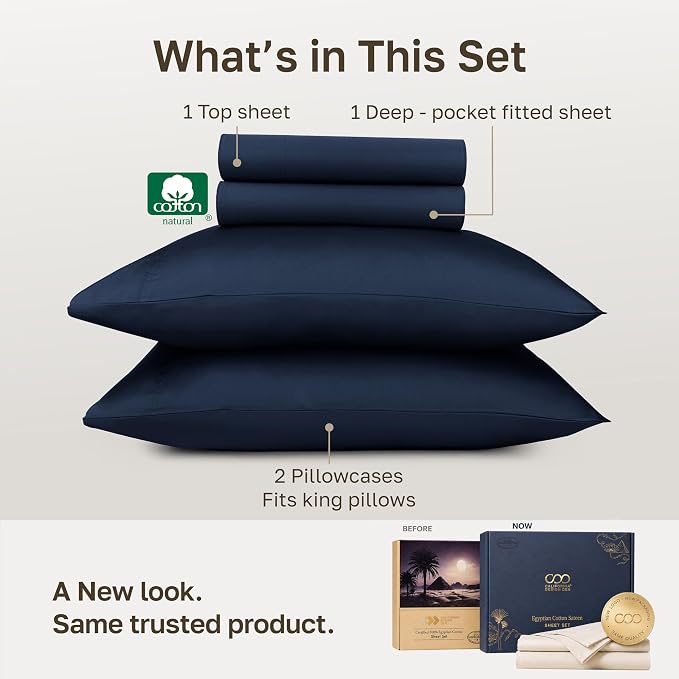 California Design Den Certified 100% Egyptian Cotton King Sheets Set | Backed by Good Housekeeping Seal, Light & Airy Soft Sateen, 16" Deep Pocket, All-Around Elastic, 4pc Set - Dark Denim Blue