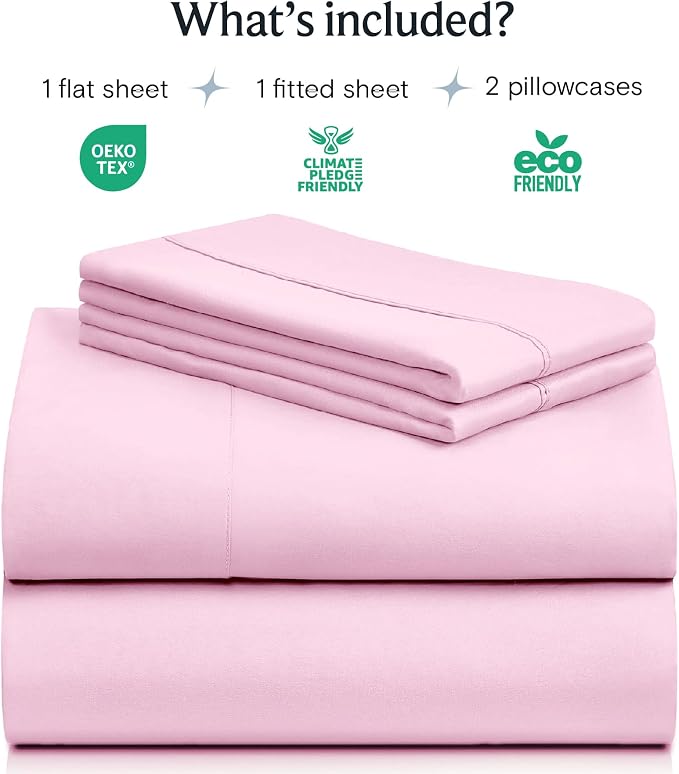 LuxClub Queen Size Sheet Set, Cooling & Soft Deep Pocket Bed Sheets, 4PC | LuxClub Silky Fitted Sheet & Pillowcase Sets, Breathable Hotel Luxury Bedding for Mattress Wrinkle Free, Powder Pink