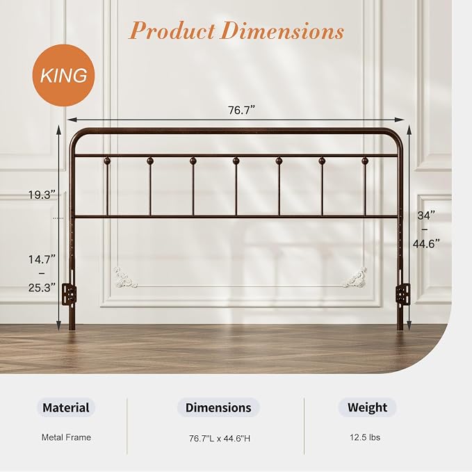 Victorian Metal King Size Headboard Only, Brown | 34"-44.6" Adjustable Height, Steel King Head Board with Bed Frame Brackets Adapter, Easy Assembly, Farmhouse Vintage Style