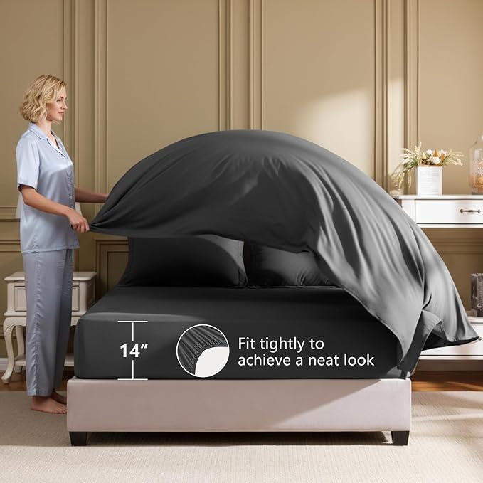 HIMEET Oversized Queen Comforter Sets, 7-Piece Point-Quilted, Dark Grey | OEKO-TEX Certified, Lightweight 240 GSM Comforter, Flat Sheet, 14-Inch Deep-Pocket Fitted Sheet, Pillowcases & Shams