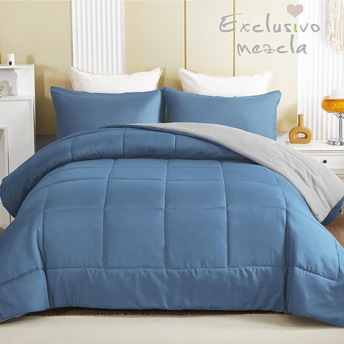 Exclusivo Mezcla Reversible Soft Twin Comforter Set, 2 Pieces | Grayish Blue Lightweight Microfiber Down Alternative Comforters, All-Season Bedding with 1 Pillow Sham