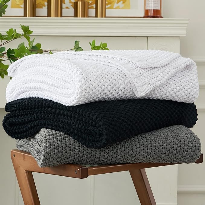 Chunky Cable Knit Throw Blanket Lightweight Black 100% Organic Cotton Blanket for Sofa Couch Bed Baby Nursery, Rustic Shabby Chic Modern Farmhouse, 60” x 80” Give Laundering Bag