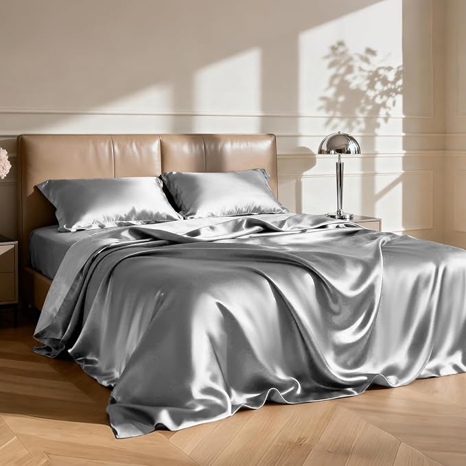 Love's cabin Full Size Satin Sheet Sets - 4 Piece Dark Grey Silky Sheet with Deep Pocket, Luxury Silk Feel Satin Bed Sheets Full Bedding Set (1 Flat Sheet,1 Fitted Sheet,2 Pillow Cases)