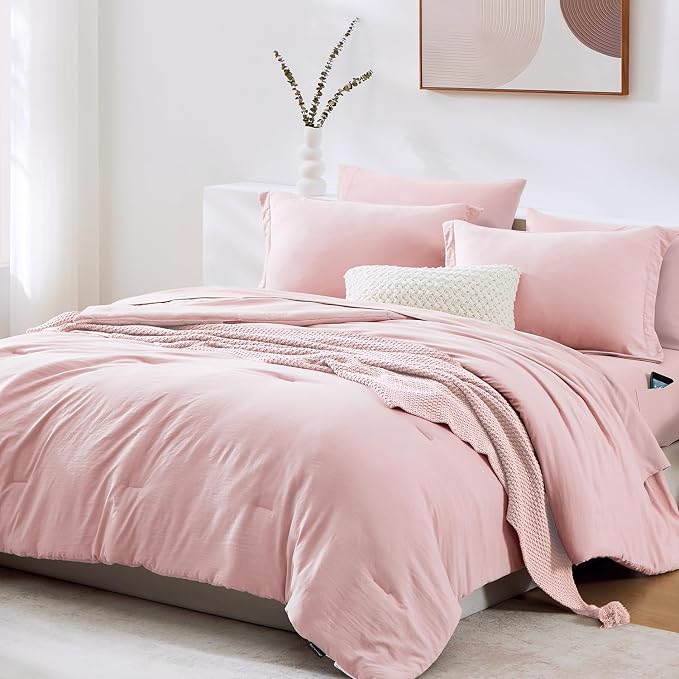 Queen Comforter Set-7 Pieces Soft Prewashed Bed in a Bag Queen Bedding Sets | All Season Comforter with Sheets, Pillow Shams & Pillowcases, Soft Pink